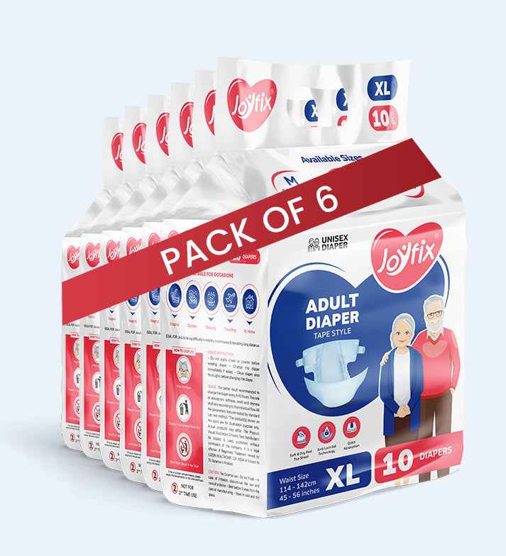 JOYFIX Adult Tape Diapers | Unisex Adult Diapers - XL - Pack of 6 (60 Pieces)